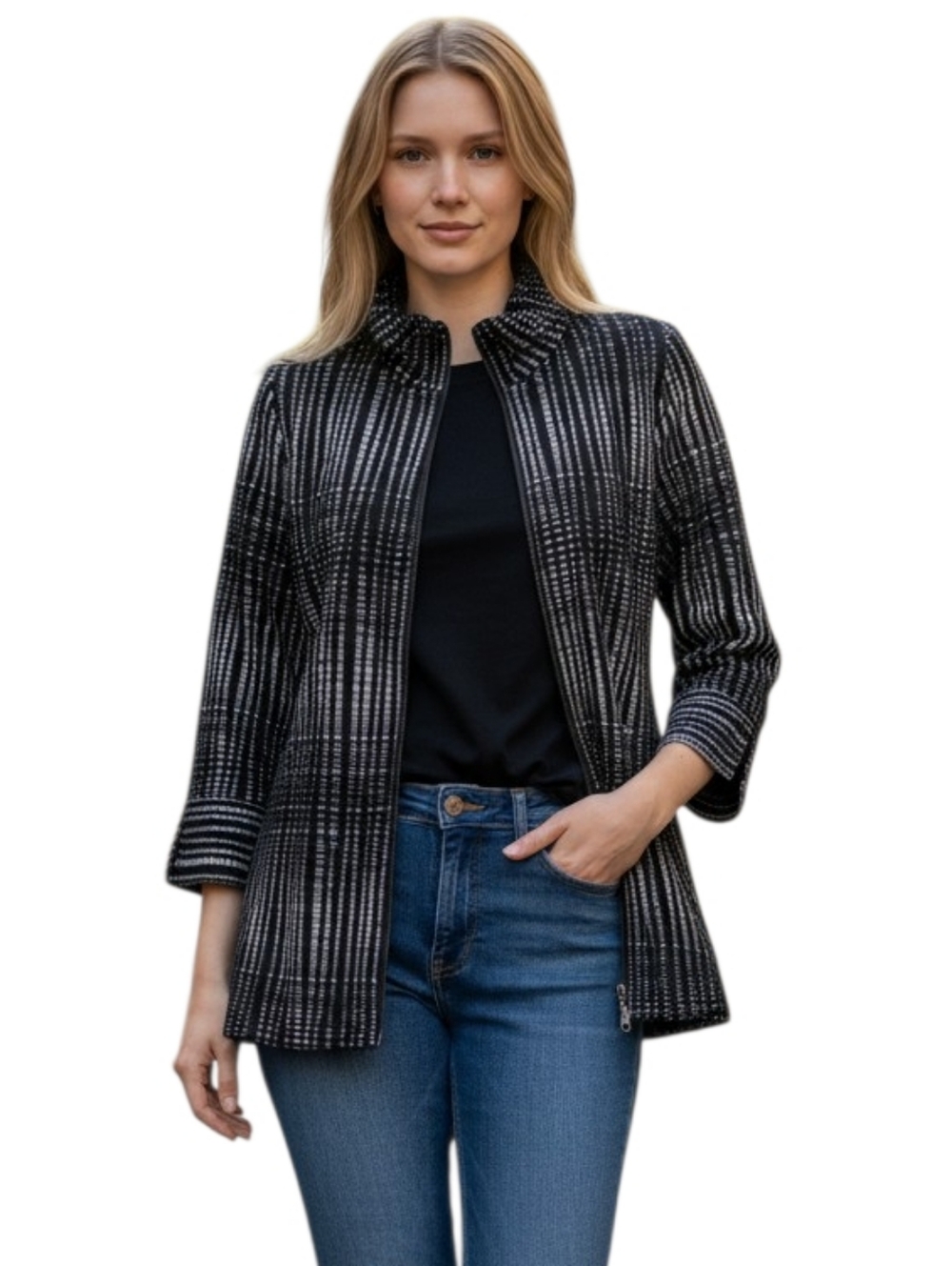 IC by Connie K Black White Stripe Zip-Up Cardigan/Jacket. Small.